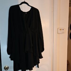 Elegant Black Long-Sleeve Layered V-Neck Dress